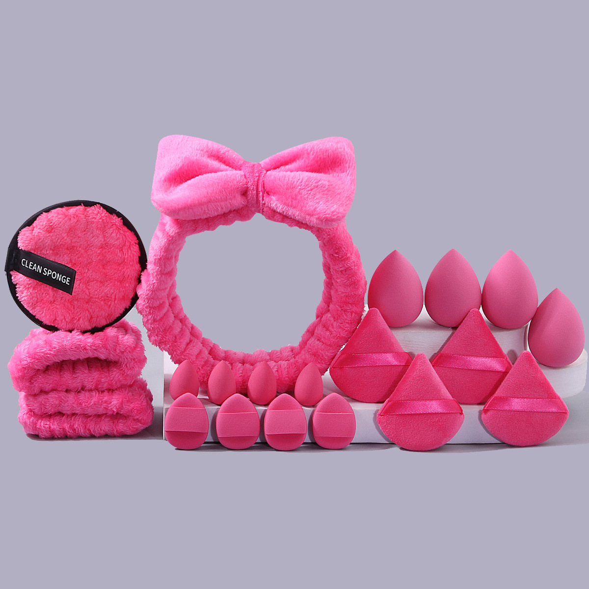 Explosiones transfronterizas desmaquillaje triángulo pulgar polvo conjunto correa de cabello combinación de huevo de maquillaje lavado de la cara esponja absorción correa de muñeca