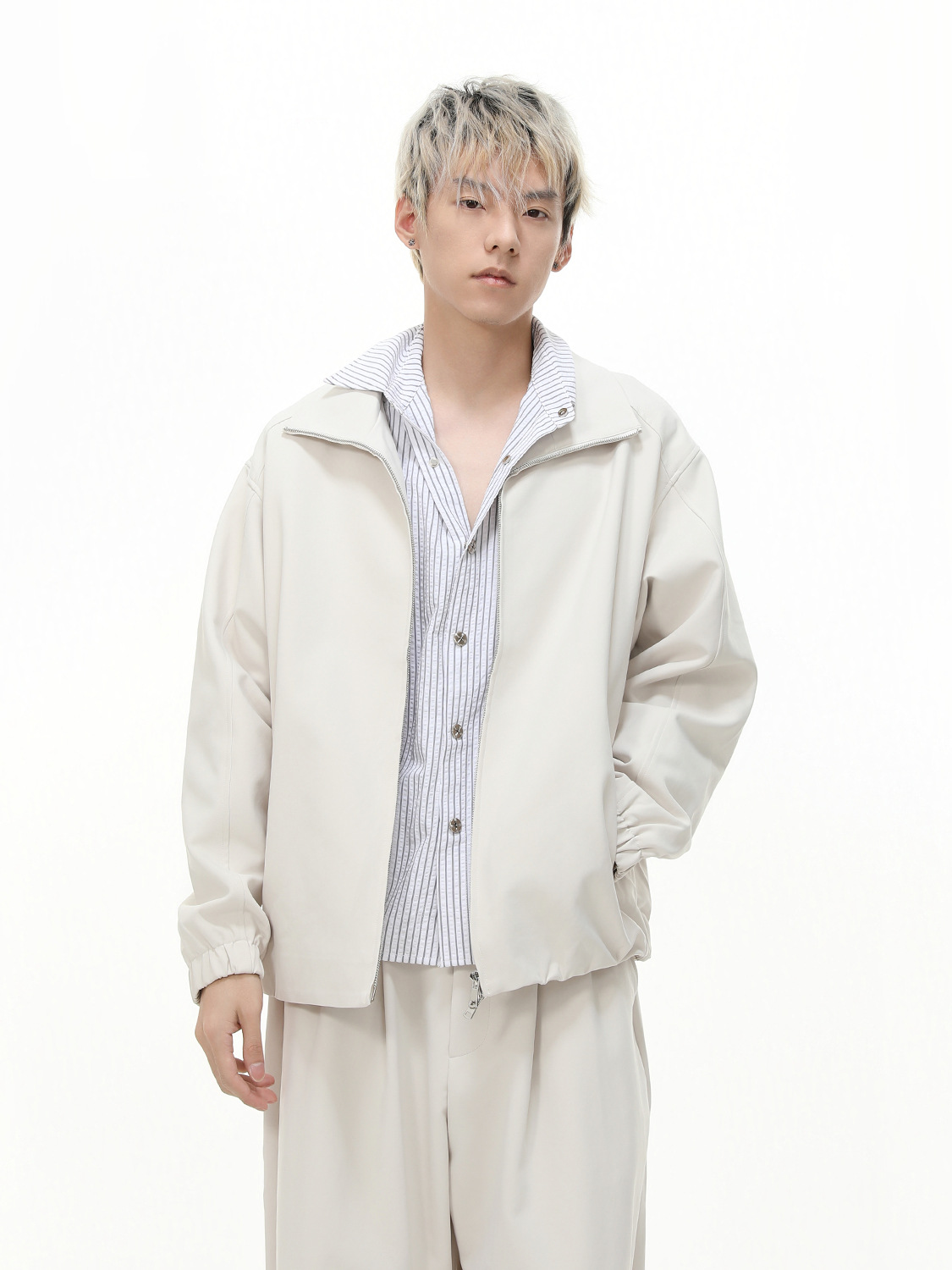 MTLCLOTHES Hombres| Coreano de color sólido corto chaqueta de doble cremallera con piernas anchas y pantalones casuales con base