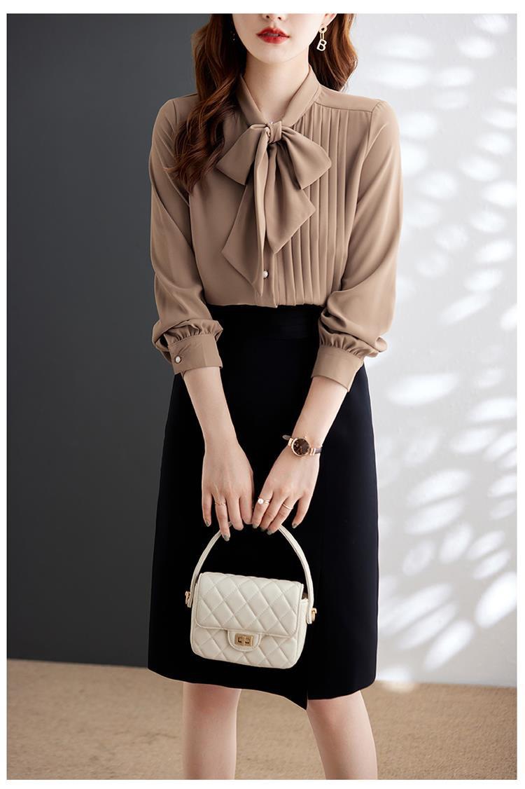 315g Weight Long Sleeve Sleeve Length Single Breasted Placket Type Regular Sleeve Sleeve Type 95% and above, Polyester Fabric Type Ordinary Model (50cm <Length ≤ 65cm) Top Length Cardigan, Shirt Tops Type Scarf collar Neckline Slim Fit Type Solid Color Pattern New Style, Japanese and New Leisure Style Chic Fashionable Long Sleeve Chiffon Shirt Women's Bow Tie Neck Unusual Design Sensation Coffee Color Series Belted Elegant 6