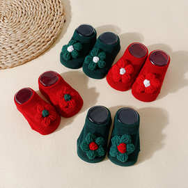 ins圣诞新年宝宝毛线花朵幼儿船袜立体婴儿袜爆款学步防滑地板袜