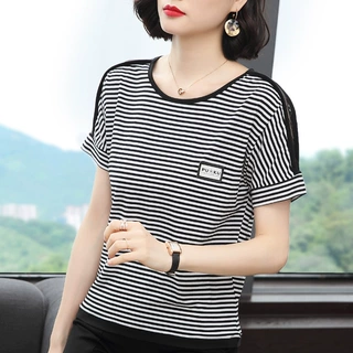 条纹t恤女短袖宽松显瘦2022年夏季新款黑白大码中年妈妈体恤