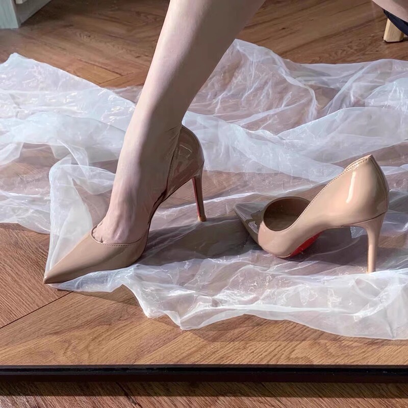 2024 Trendy Sheepskin Pointed Toe Sexy Nude Women's Versatile Stiletto High Heels with Shallow Opening