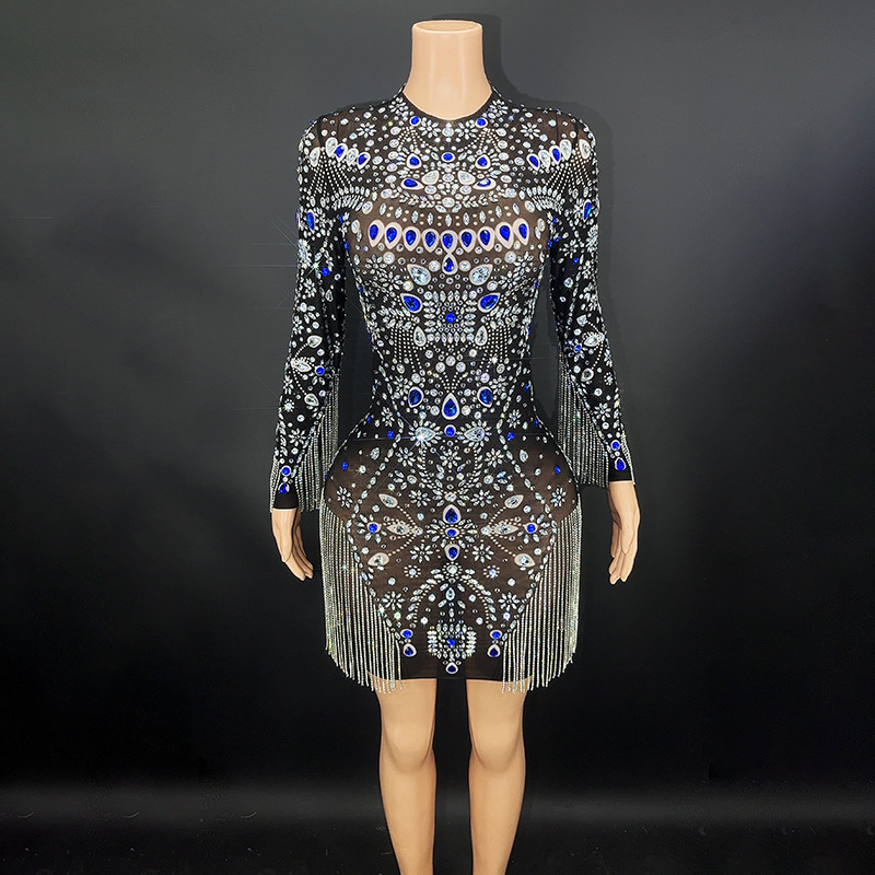 Nocance 2024 European and American Sexy Black Mesh Painted Prom Dress Shiny Tassel Crystal Dress