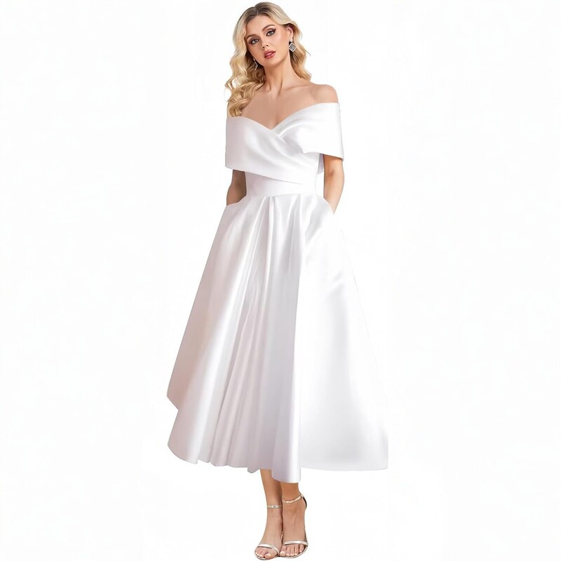 White satin off-shoulder evening dress, European and American simple A-line skirt, bridesmaid party dress White satin off-shoulder evening dress, European and American simple A-line skirt, bridesmaid party dress