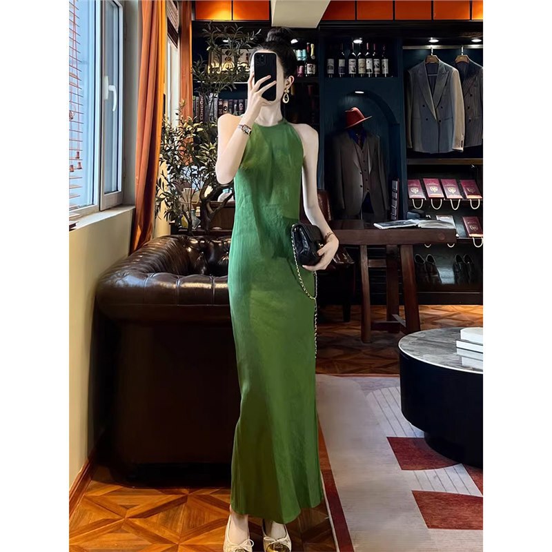 Shenzhen Nanyou Green Linen Neck dress French High-end Formal Occasion Elegant Sleeveless Long Dress Summer