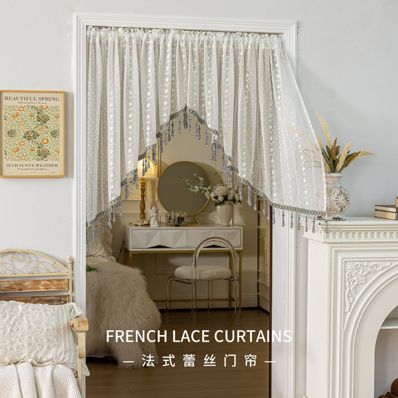 French Lace Door Curtain Crystal Bead Lace Half Curtain Rod-Type Triangle Door Curtain Bedroom Half Curtain Partition Curtain