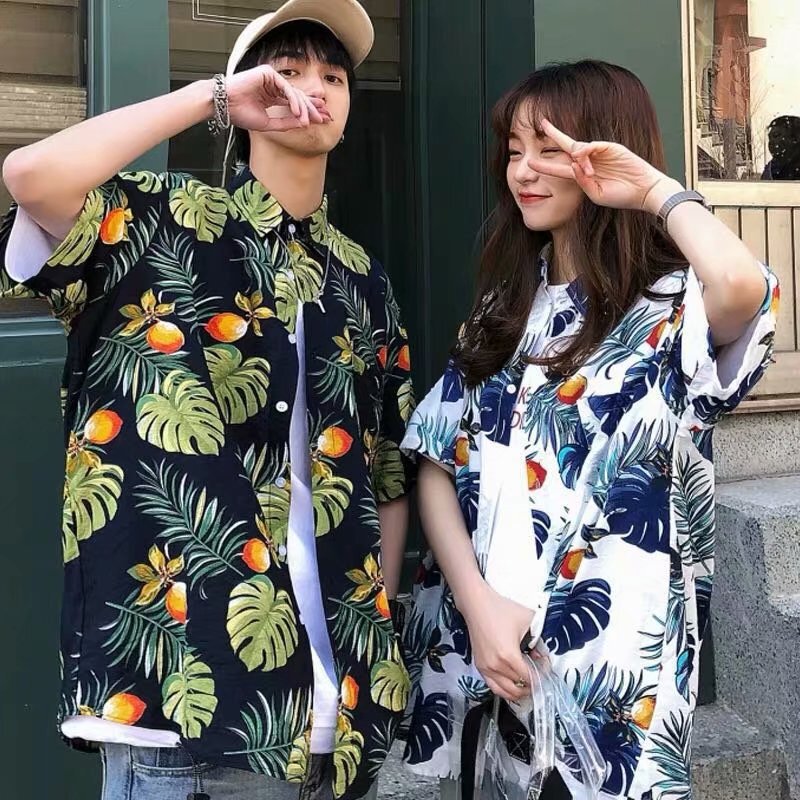 Hawaiian Flower Shirt Women's Retro Hong Kong Style Casual Loose Hong Kong Style Beach Vacation Floral Short-sleeved Shirt Trendy for Couples