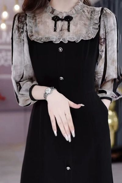 拼接连衣裙秋新款收腰显瘦气质女神范字裙超仙温柔风中长裙