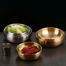 韩式不锈钢冷面碗金色朝鲜拉面碗双层拌饭碗拉面碗加厚防烫汤面碗