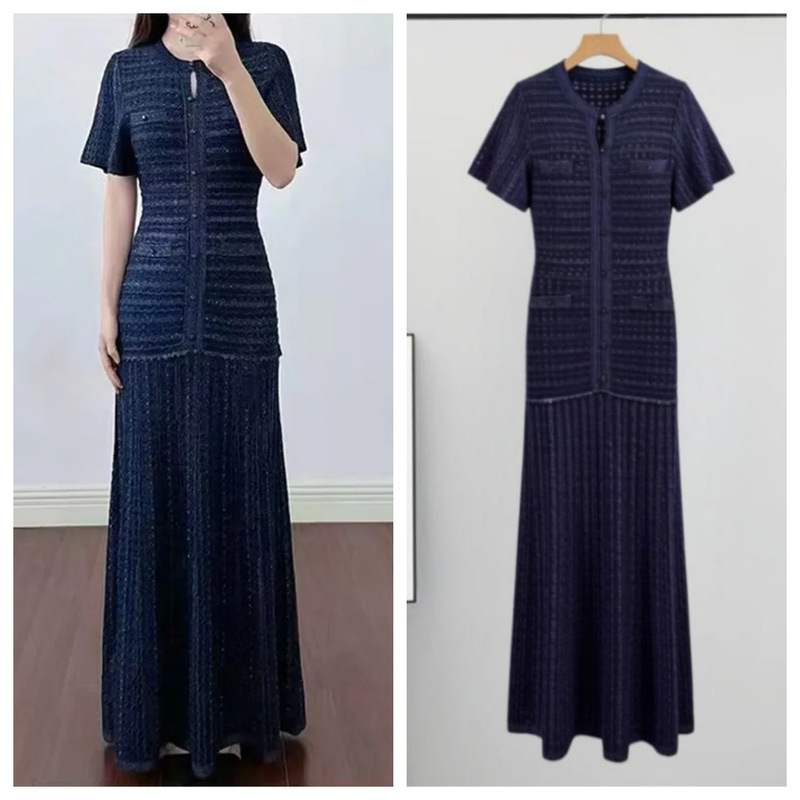 Cross-Border Foreign Trade S Brand New Style Shiny Hollow-Out Long Dress for Women, Summer Elegant Slim-Fit Round Neck Short-Sleeve Knit Dress