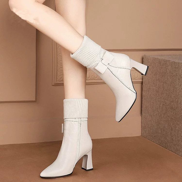 Короткие сапоги женщины осень и зима 2024 новый стиль бант тиснение в клетку сапоги на толстом каблуке сапоги Martin сапоги шерстяная труба женская обувь