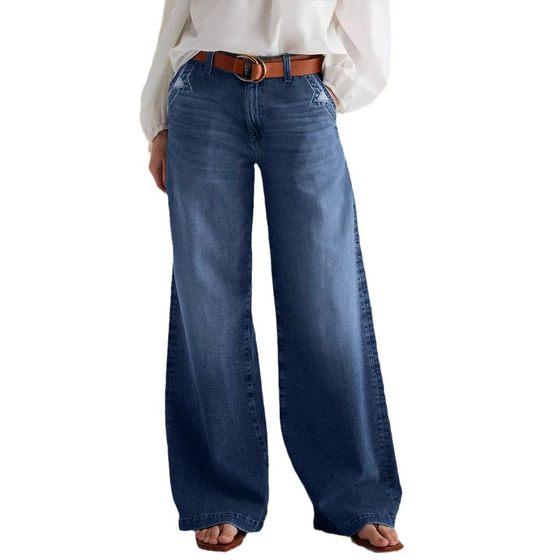 2025 Spring New European and American Cross-border Retro Wide-leg Jeans Women's Embroidered Stretch Straight Pants Casual Trousers