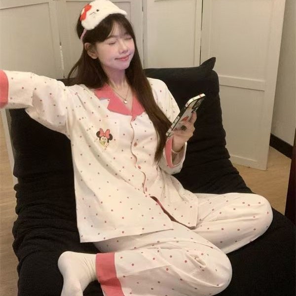 可爱甜美米奇睡衣女春秋季长袖长裤套装翻领ins风可外穿家居服|undefined