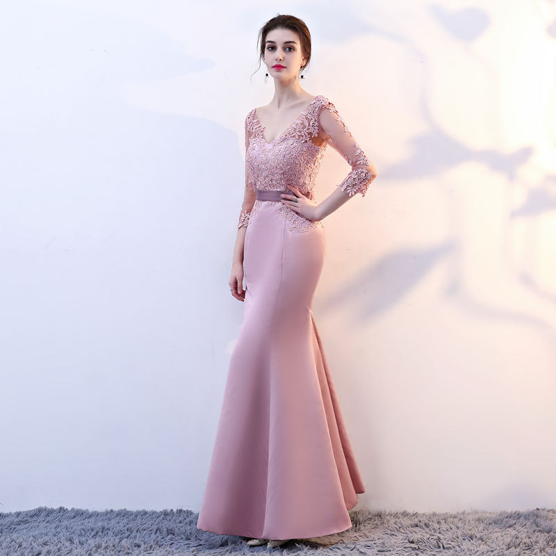 Comercio exterior europeo y americano Amazon AliExpress deseo vestido de noche con cuello en V encaje con cuentas fishtail Slim adelgazamiento largo image 3