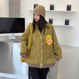 开衫卫衣女2025新款爆款秋冬双面绒宽松中长款卡通口袋棒球服外套