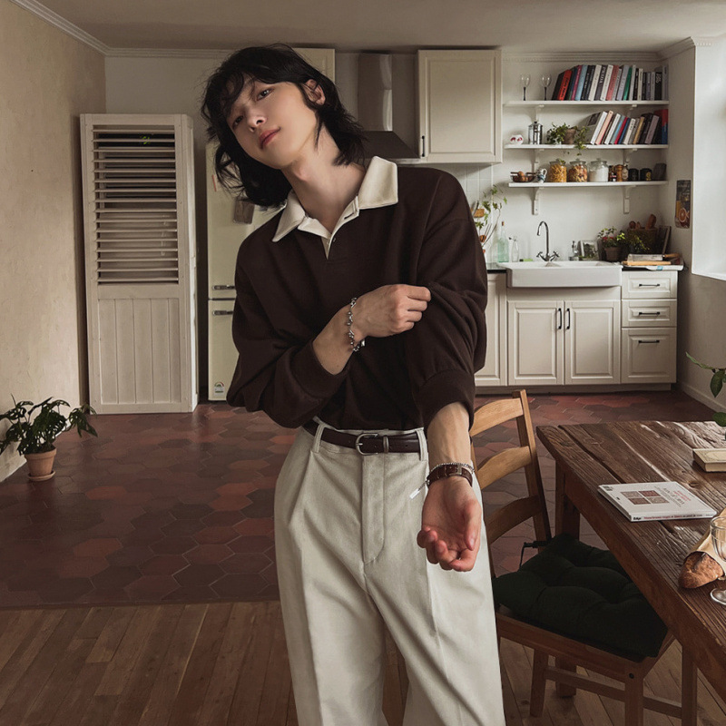 MYQ Vintage Contrasting Color Pullover Sweater Men's Autumn Loose Lapel Top Korean Fashionable Long Sleeve Polo Shirt