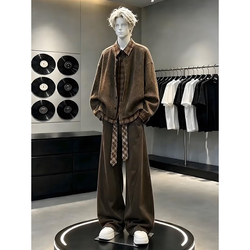 Men's two-piece set featuring a brown plaid shirt and jacket, perfect for spring and autumn, with curved-leg pants – a complete outfit