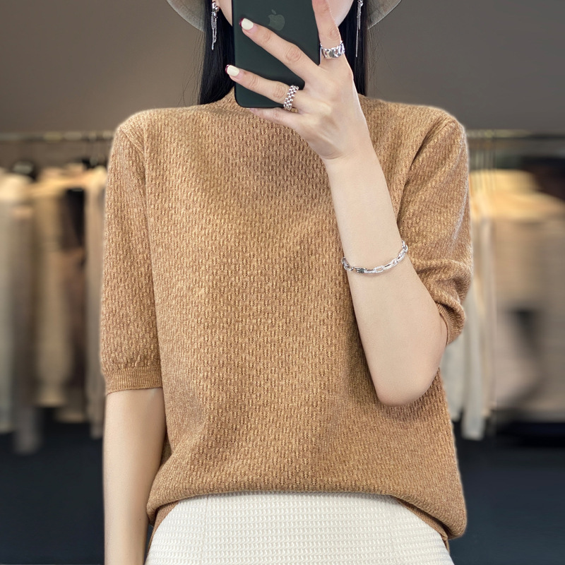 2023 Spring New Women's Half-high Collar Half-sleeve Knitted Sweater Women's All-match Knitted Base Half-sleeve Women's Hair