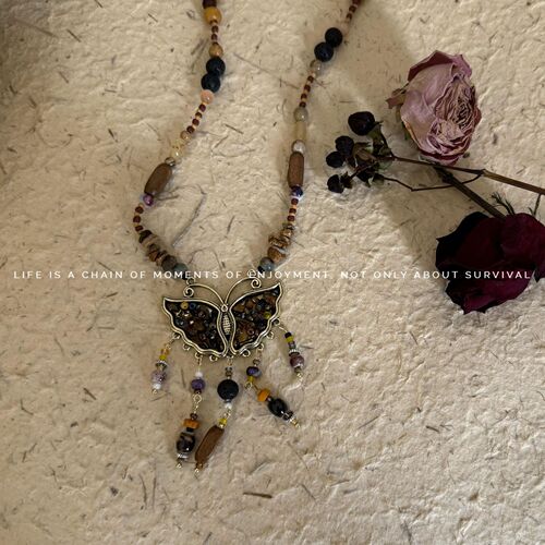 Butterfly Tassel Natural Stone Beaded Necklace Women's New Chinese Style Retro Ethnic Choker Necklace Unique Design Statement Necklace