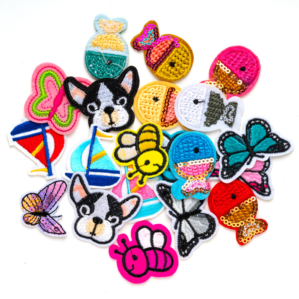 Bordado por computadora de tamaño pequeño, abeja, mariposa, pez, velero, bordado, pegatinas de tela, ropa sin costura, parches rotos, accesorios de ropa