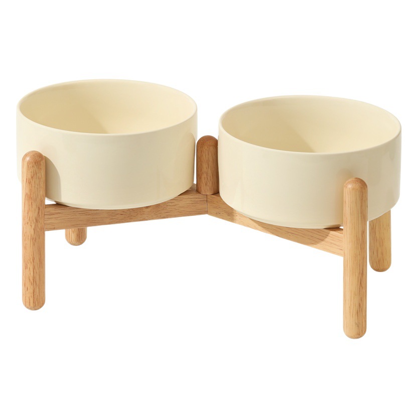 Cuenco de cerámica del perro cuenco doble cuenco de soporte cervical mediano y grande tamaño pequeño cuenco de comida para perros cuenco de agua de madera traje de estante cuenco de perro