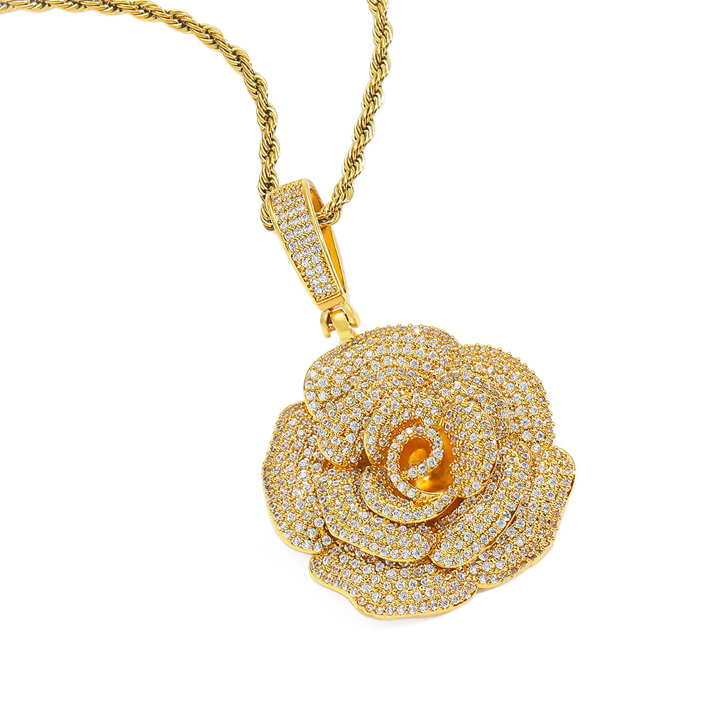 Europa y América hip-hop bronce rosa de piedra colgante personalidad de diamante completo moda collar de joyería transfronteriza al por mayor