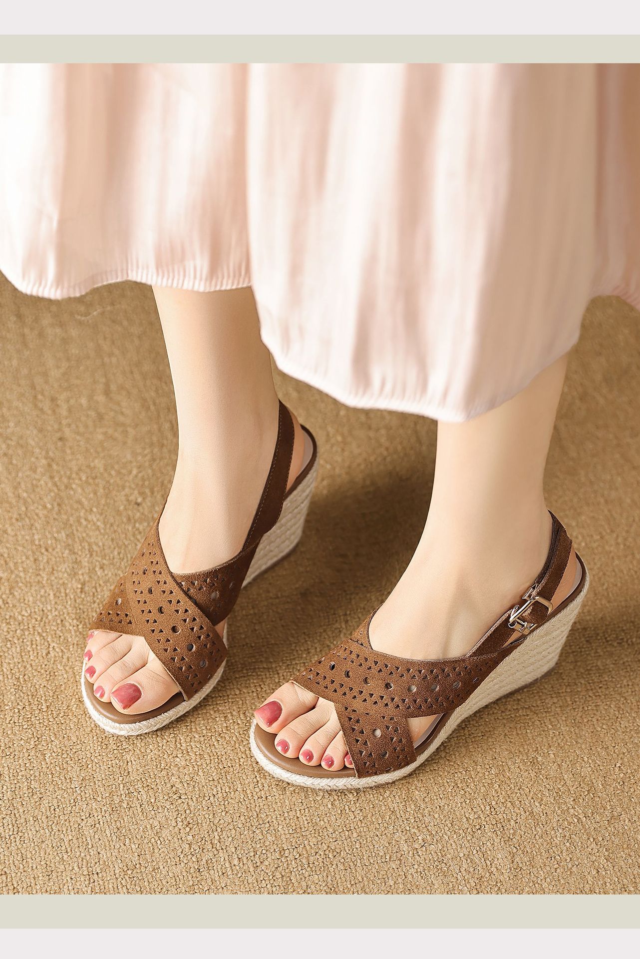 Sandal cao gót nữ quai chéo hở mũi đế xuồng bện rơm gót 8 cm — màu nâu, màu đen chi tiết 9
