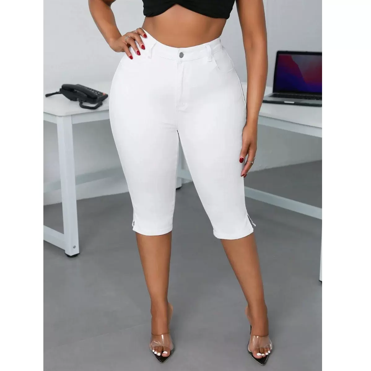 大码女装 白色弹力牛仔七分裤  2025新款 休闲时尚牛仔裤