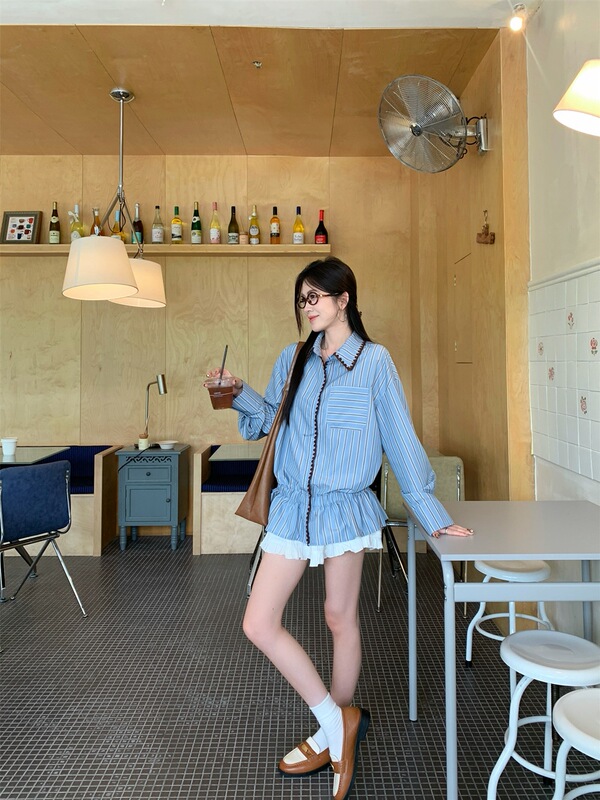 早秋小众宽松POLO领衬衣设计感蓝色条纹长袖衬衫女装韩系开衫上衣|undefined
