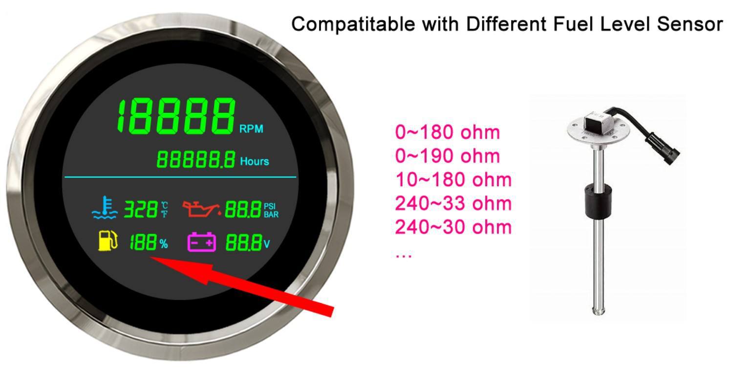 New 85mm multifunctional LCD tachometer with hour meter water temperature oil pressure oil level voltmeter