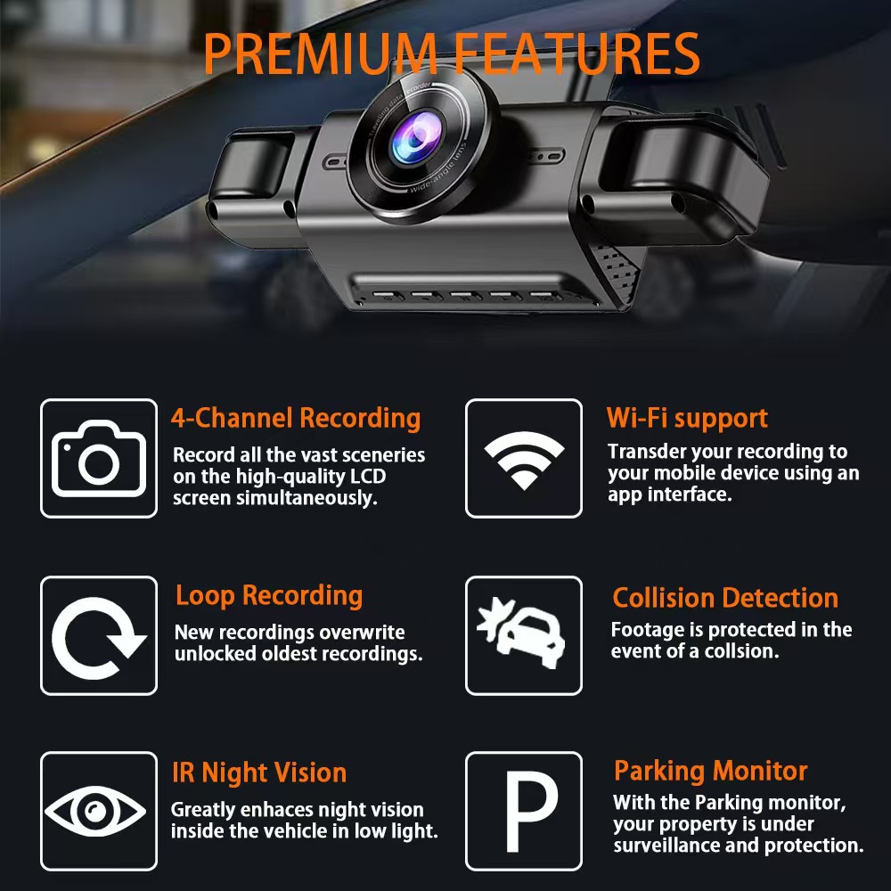 Cross-Border New 3inch Four-Channel Car Driving Recorder Wifi Connection High-Definition Night Vision Wide-Angle Car Dvr