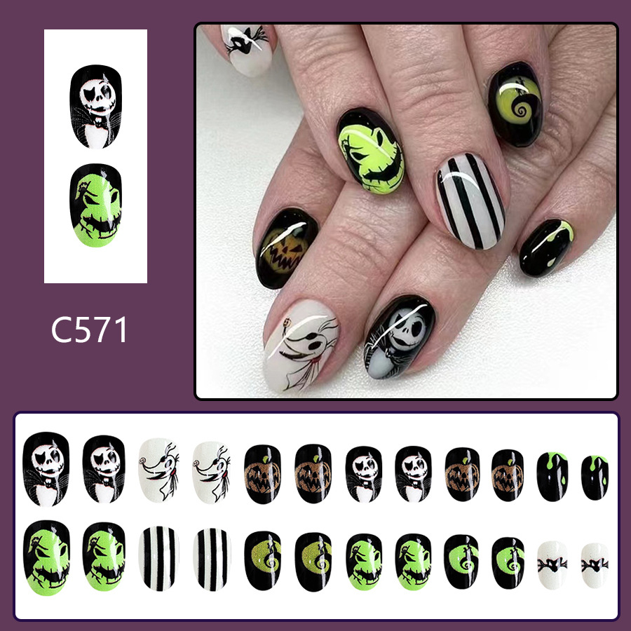 Halloween corto ovale thriller teschio pipistrello faccia strana strisce bianche e nere indossa nail art patch commercio estero 24 pezzi_voghion.com