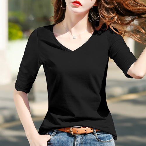 Women's Summer Black V-Neck Long-Sleeve T-Shirt 2025 High-End Fitted Outerwear Short-Sleeve Base Top