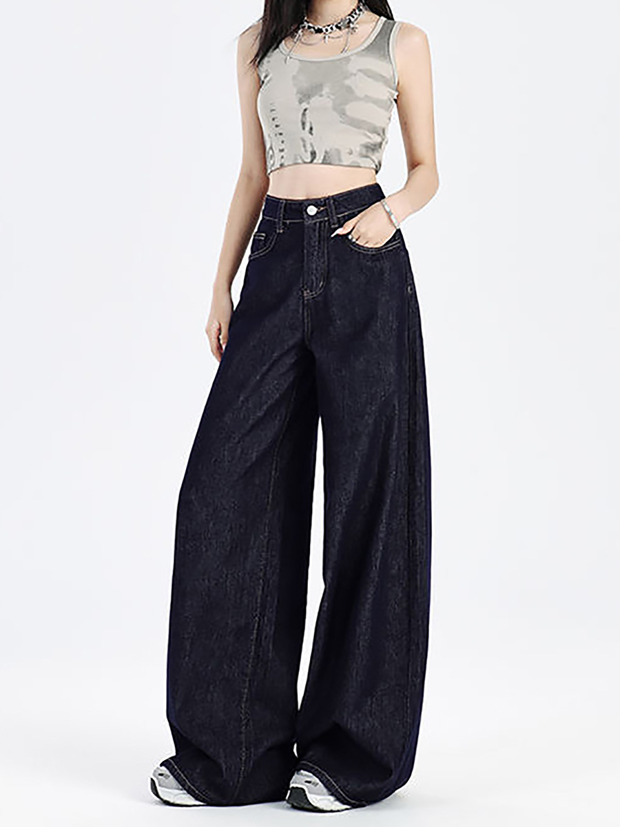 Spring and Autumn American-Style Dark Blue Jeans for Women 2026 New Model Petite High-Waisted Slimming Straight Loose Wide-Leg Pants