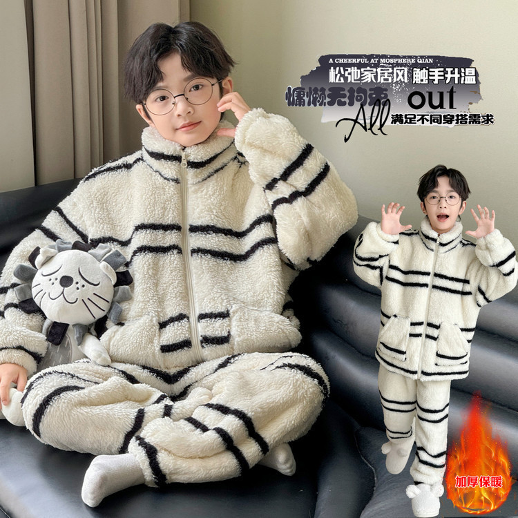 Children's Clothing, Boys' Winter Clothing, High-Neck Flannel Pajamas, Teenagers' Autumn and Winter Styles, Winter Coral Velvet Thickeneded Home Clothes