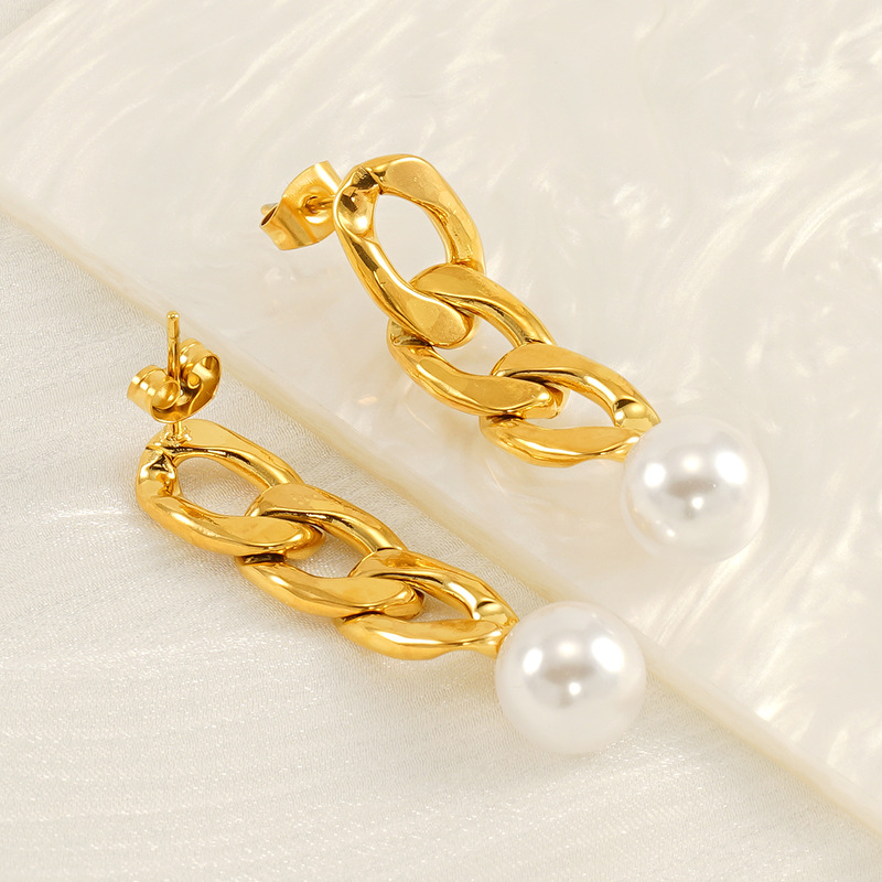 Pendientes transfronterizos europeos y americanos de acero de titanio de viento de 18K para mujer Pendientes de cadena cubana de acero inoxidable para mujer Pendientes largos de perlas para mujer