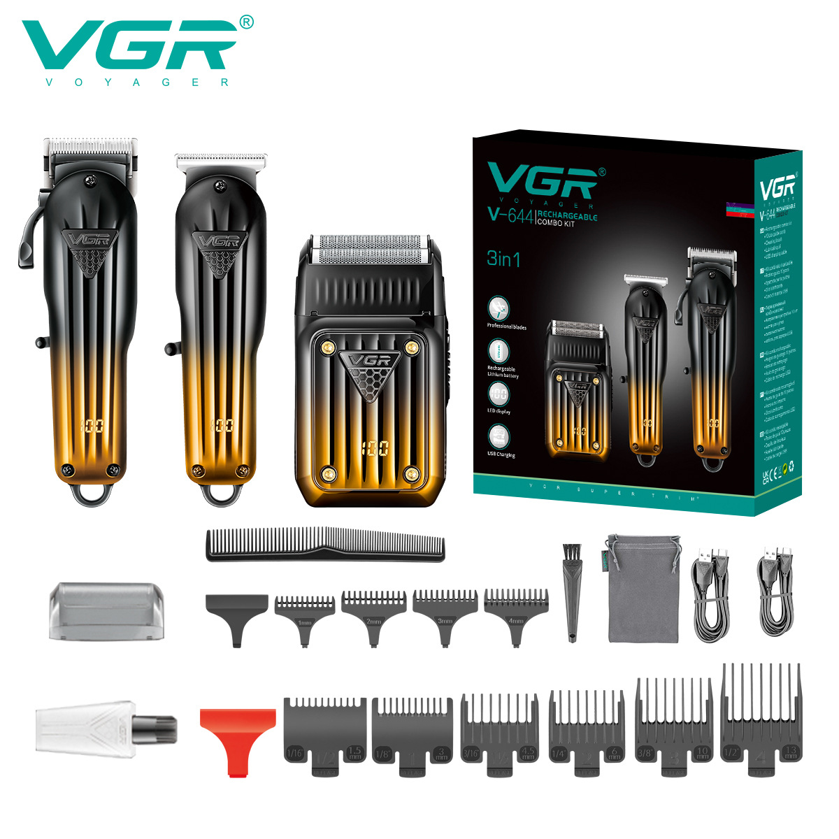 Men's Three Piece Hair Clipper Set with Digital Display Electric Trimmer Shaver Whitening Device Home Personal Care Appliances_voghion.com