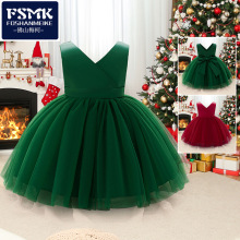 欧美新款小花童礼服V领无袖网纱蓬蓬裙生日礼服女宝宝周岁公主裙