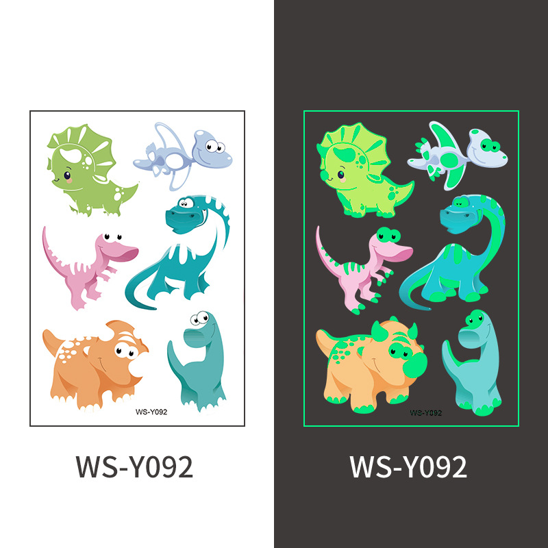 Pegatinas de tatuaje de dinosaurio luminoso Dibujos animados para niños Diversión Tyrannosaurus Rex Sudor impermeable Pegatinas de recompensa luminosas de color verde fluorescente temporal