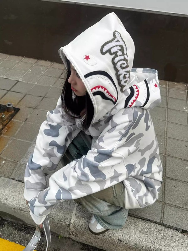 Guochao ダブルキャップ迷彩フード付きスウェットシャツメンズ春秋アメリカンレトロトレンディブランドルーズカジュアルジッパーカーディガンジャケット|undefined