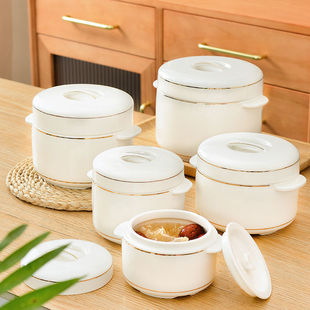 Ceramic Water-Proof Stew Pot with Lid, Double Lid, Double-Eared Bird's Nest Steamed Egg Jar, Household Liner, Large and Small Bowls