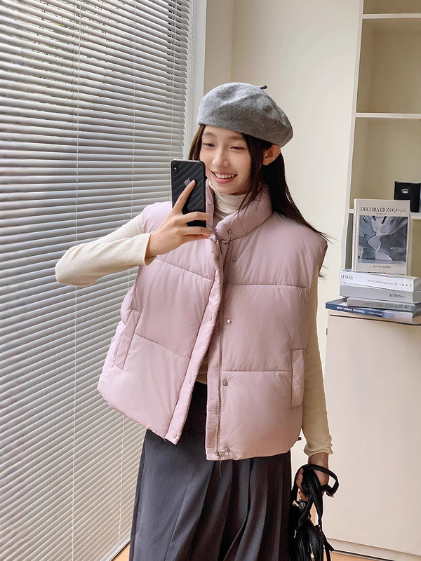 浅蓝色无袖立领羽绒棉服马甲女冬季新款小个子短款保暖面包服外套|undefined