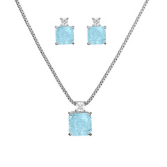 RAKOL Fashion Commute Geometric Square Diamond Earrings and Necklace for Women, Unique Design Simulated Colorful Gemstones Blue Set