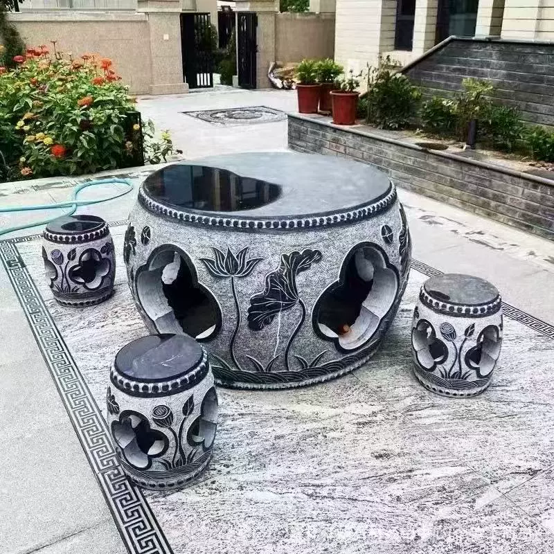 Открытый голубой камень каменный стол каменный стул круглый стол домашний двор сад китайский стиль старинный повседневный чай чай полые столы и стулья