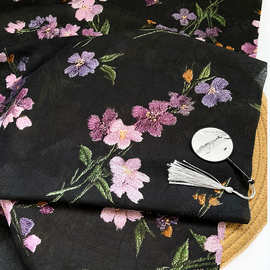 天丝提花布料 墨夜繁枝新中式国风汉服旗袍连衣裙面料手工diy面料