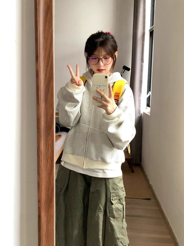 国潮牌杏色条纹连帽拉链外套女春秋新款学院风短款小个子开衫卫衣|undefined