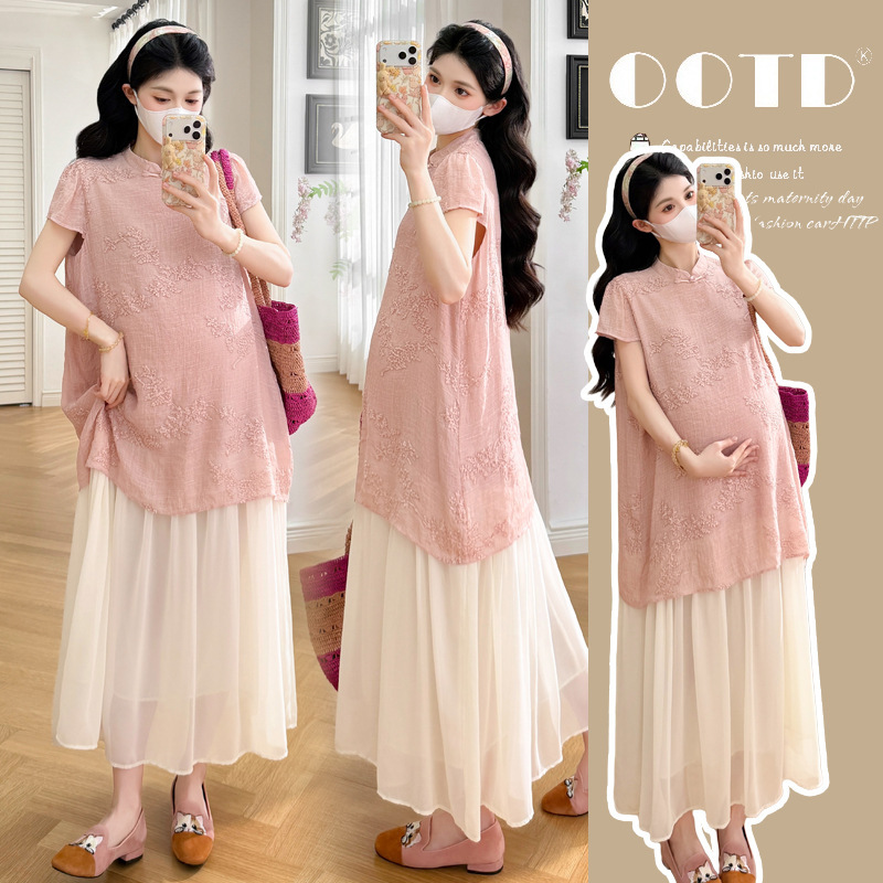 Real Shot of the New Summer Style Chinese-Style Embroidered Loose-Fitting Maternity Dress with a Modern and Versatile Design