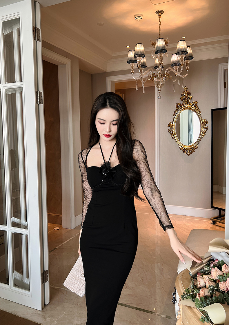Đầm dài dáng ôm cổ halter phối lưới phong cách quý tộc — Màu đen chi tiết 13