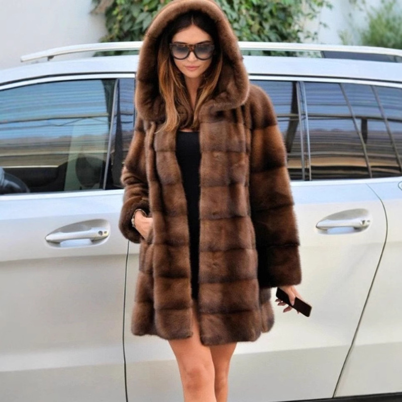 Women's Imitation Mink Fur Outwear, Mid-Length Hooded Outwear, Fur Large Size Casual Warm Loose Work Clothing