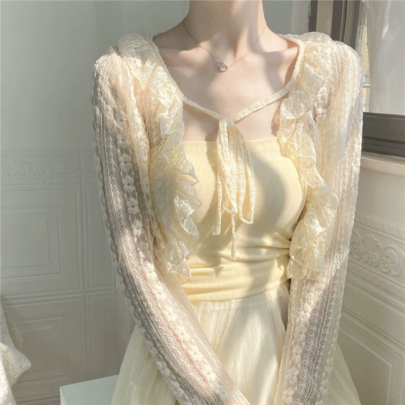 Короткий кружевной кардиган куртка 2025 новый внешний вид солнцезащитный крем женский платок с летней юбкой топ